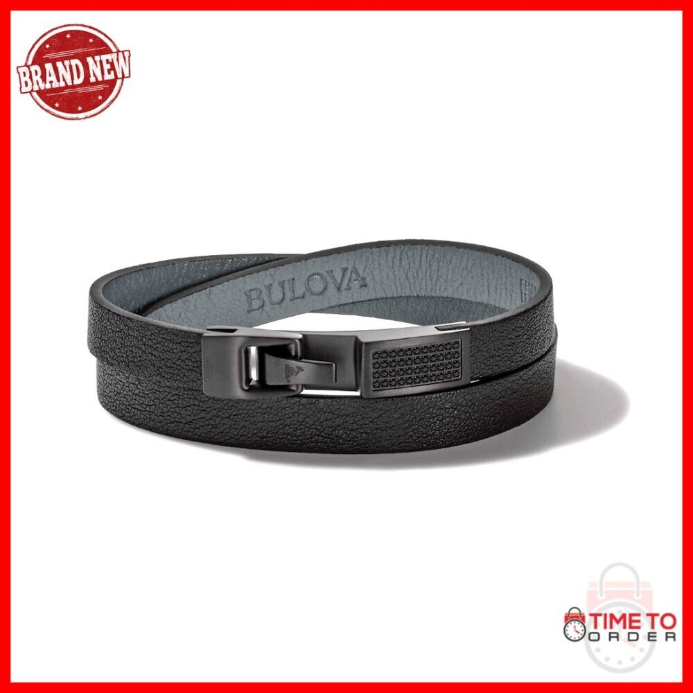 Men's Double Wrap Leather Bracelet with Diamonds, Hook Clasp